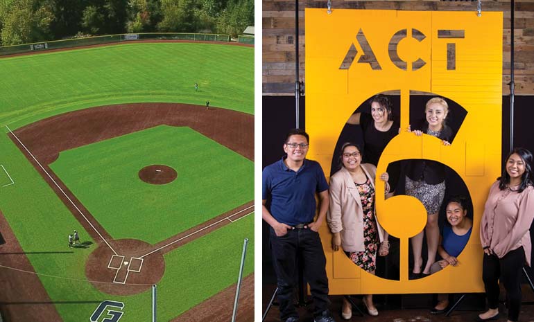 Baseball field and the Act-Six students