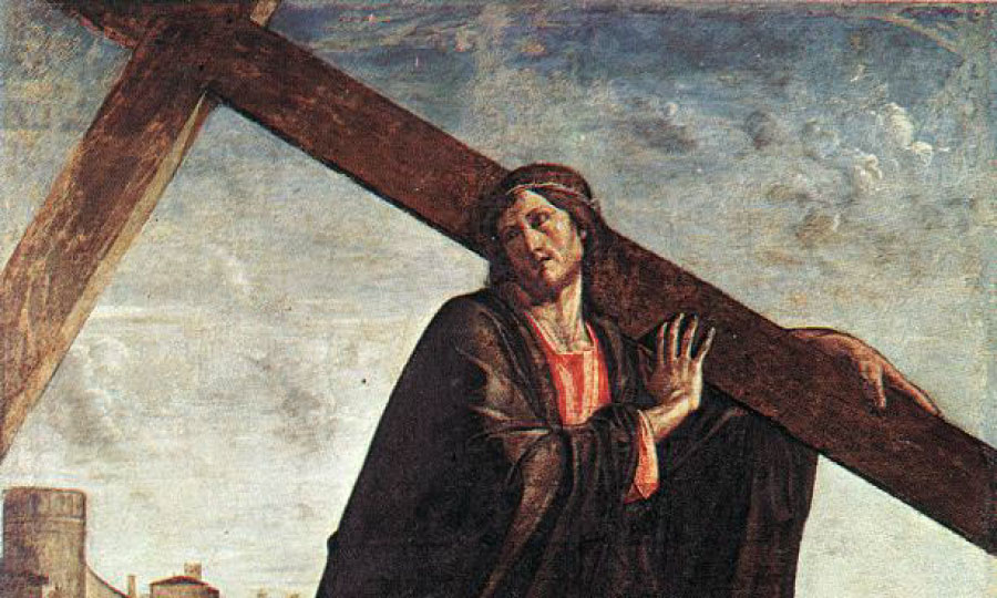 A painting of Jesus carrying a cross