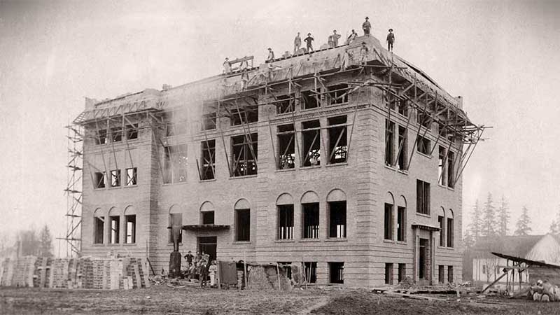 Photograph of Wood-Mar hall being built