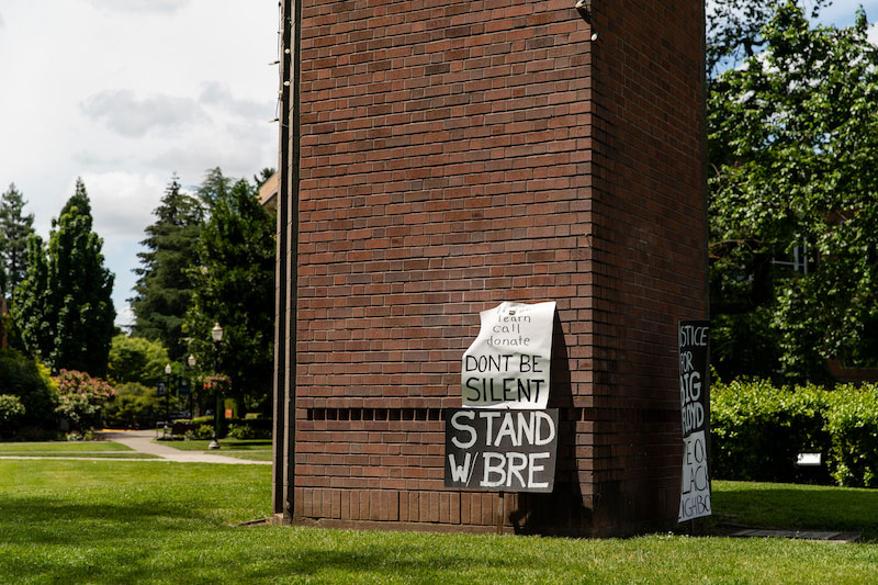 A Black Lives Matter sign is posted on the quad