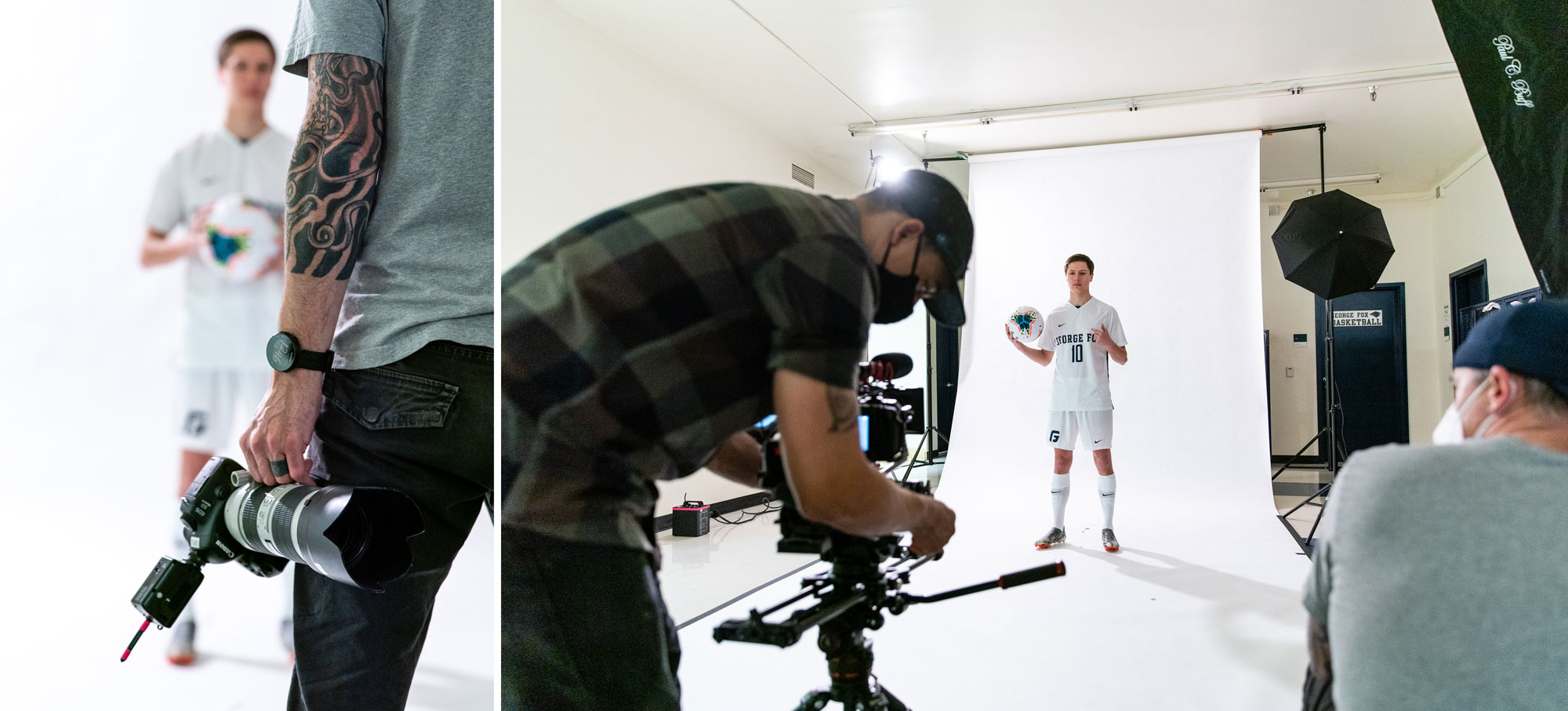 Left: a photographer speaks with a soccer player before shooting; right: a photographer adjusts settings on his camera