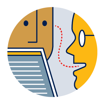 A doodle of a person speaking to another person