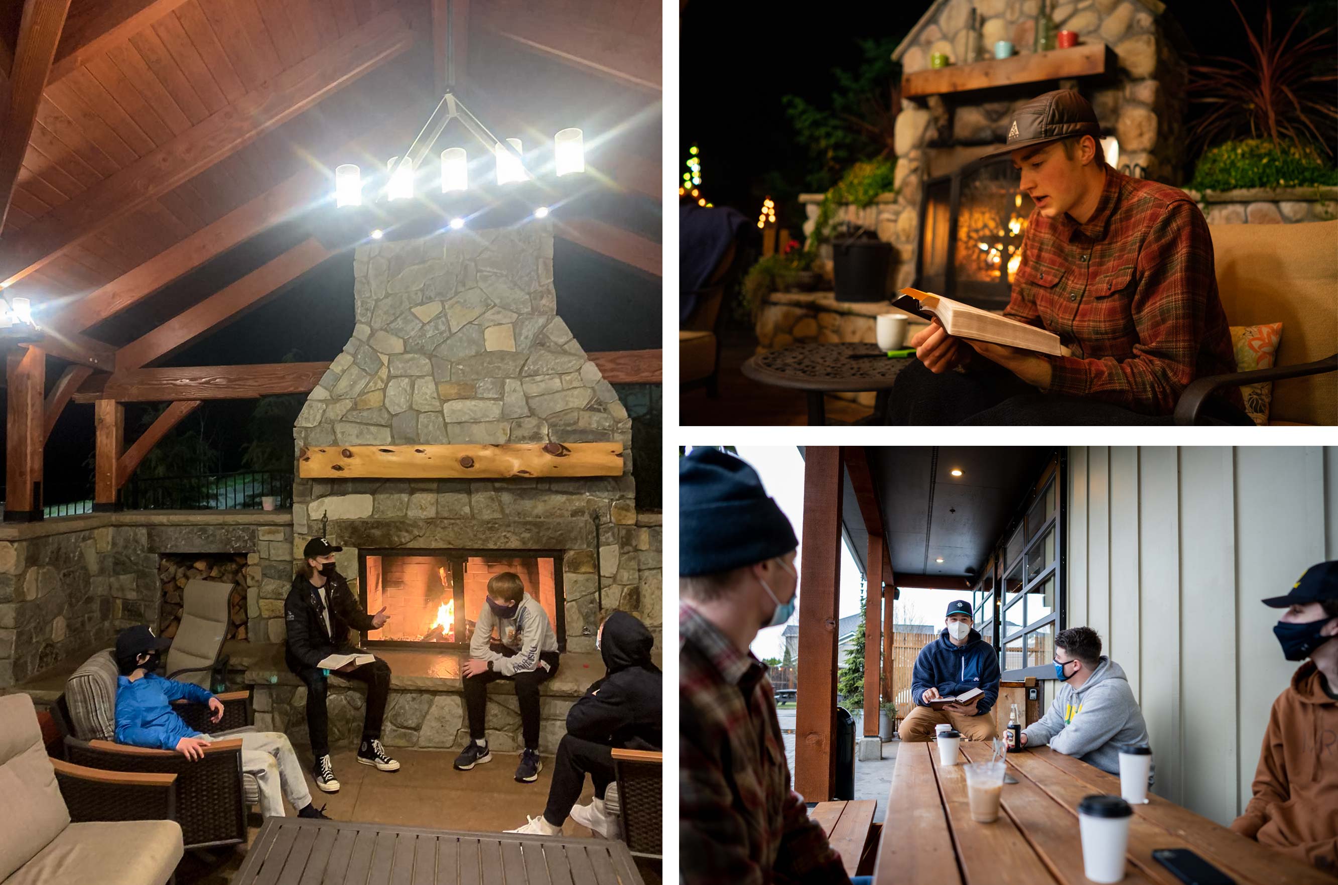 Left: George Fox students chat over coffee with their leader mentors; top right: a George Fox student reads the Bible; bottom right: George Fox students and their leader mentors read the Bible