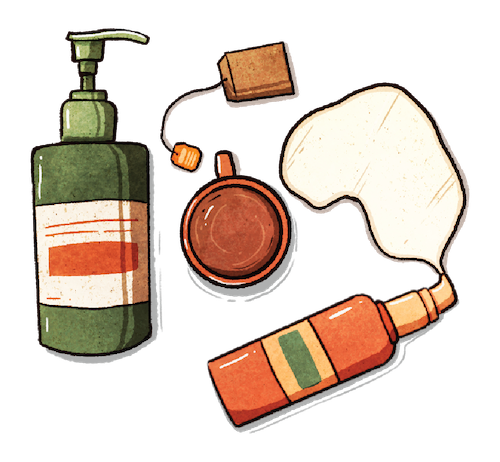 Illustration of lotions and a warm cup of tea