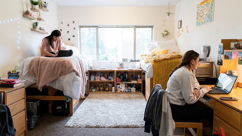 Two girls in their dorm room in Gulley Hall