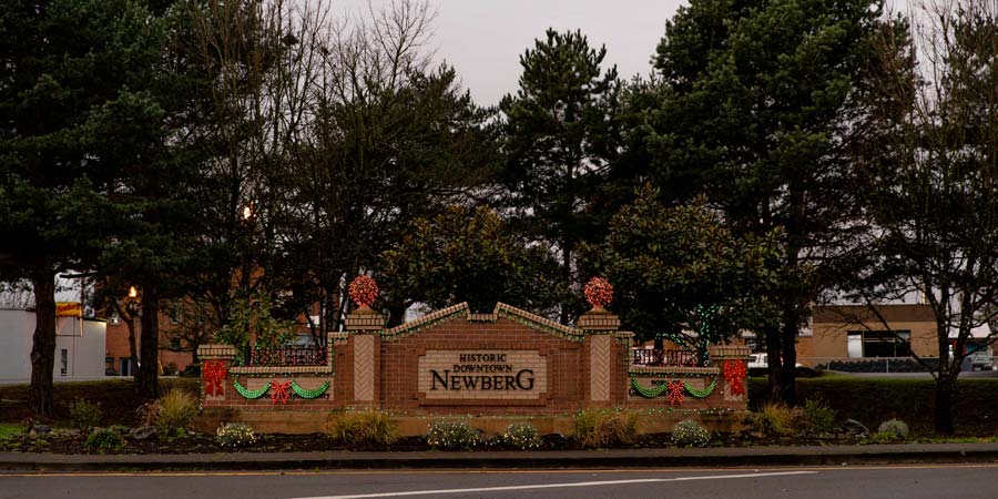 Newberg Sign with Christmas Lights