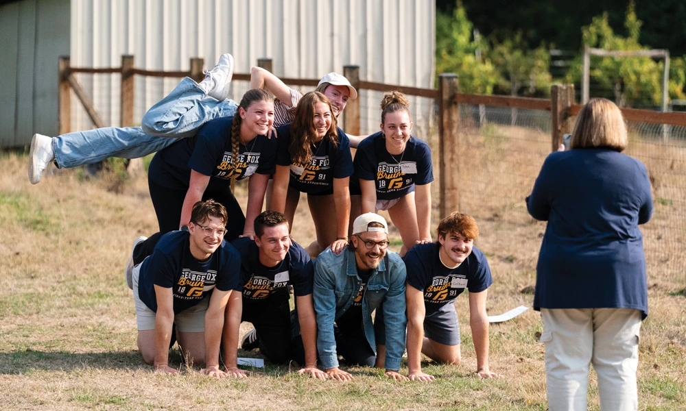 students at a retreat posing for a picture
