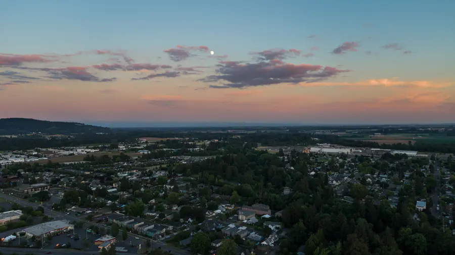 Drone photo of the city of Newberg in the Willamette valley