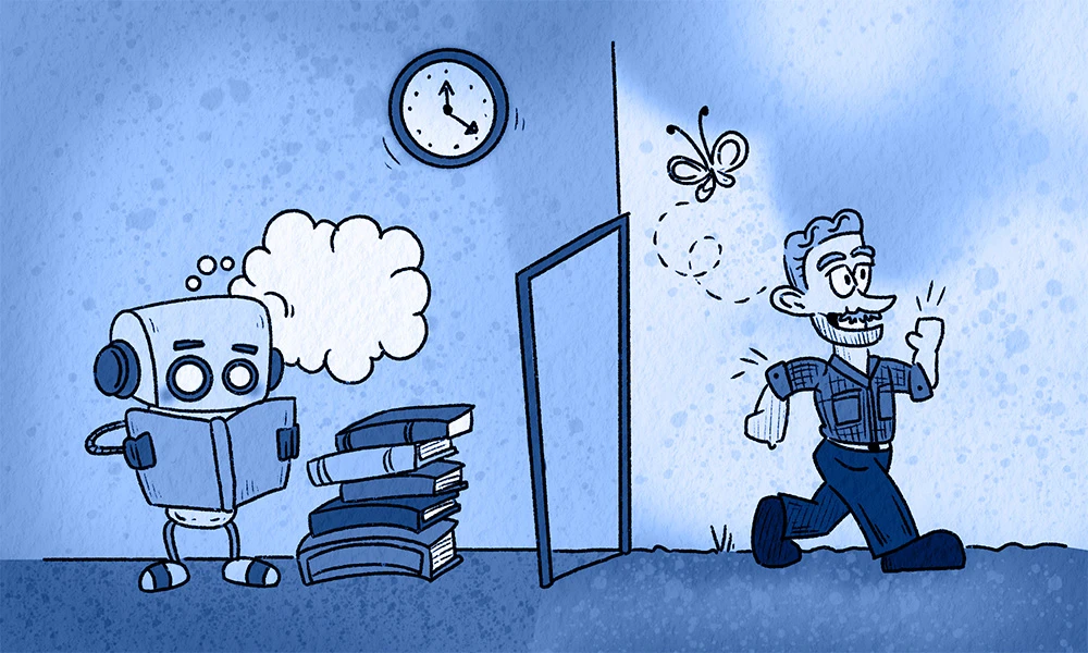 illustration of a man outside on a walk, while a computer is reading books inside