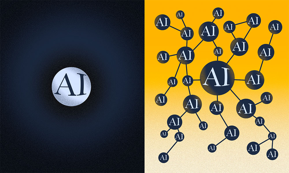 Graphic of AI represented as a circle. On the left side it is alone as just a tool, and on the right side it is intertwined with other processes to create a system.