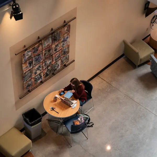 A student works in the atrium of EHS