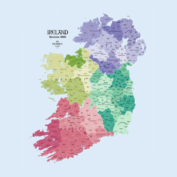 map of Ireland and four historic provinces: Ulster, Munster, Leinster and Connaught