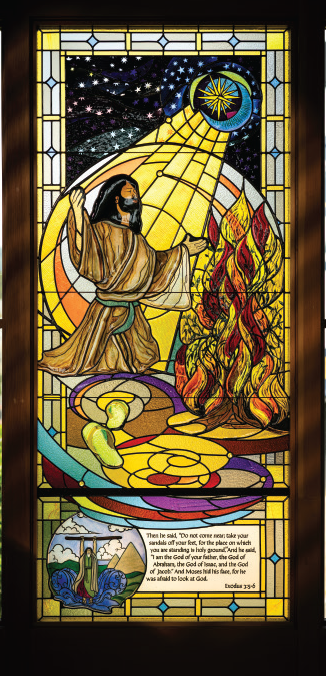 Stained glass window depicting Moses encountering God at the burning bush, illustrating Exodus 3:5-6