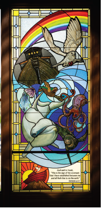 Stained glass window depicting Noah and the covenant rainbow after the flood, illustrating Genesis 9:17