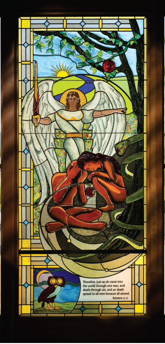 Stained glass window depicting Adam and Eve in the Garden of Eden, illustrating Romans 5:12