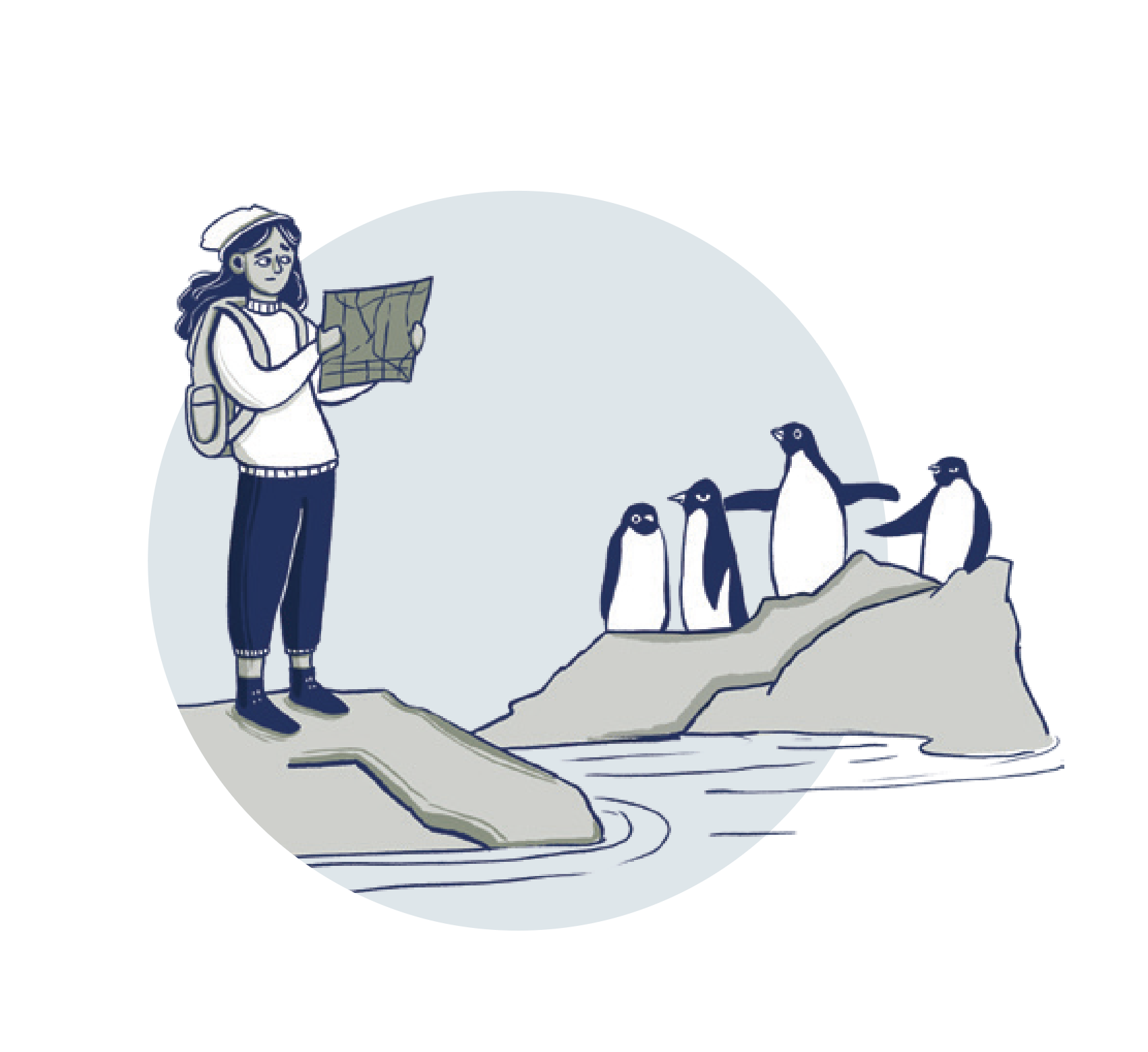 Illustration of student looking puzzled at a map in Antarctica with some penguins