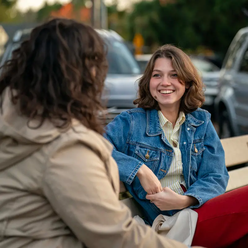 A student sitting relaxed on a bench with a George Fox employee smiling