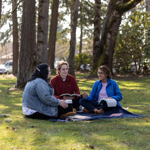 three students sit and study outside