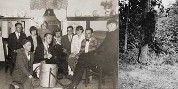 Two images, the left is a photo of students with the original bear skin, the right the pelt hanging on a tree