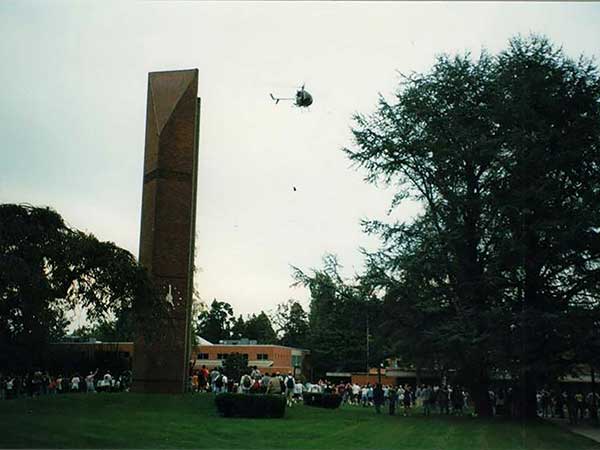 In 1998, another helicopter hovers over campus