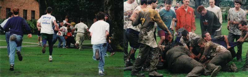 2 images, showing crowds of students run and wrestle for the infamous bruin jr