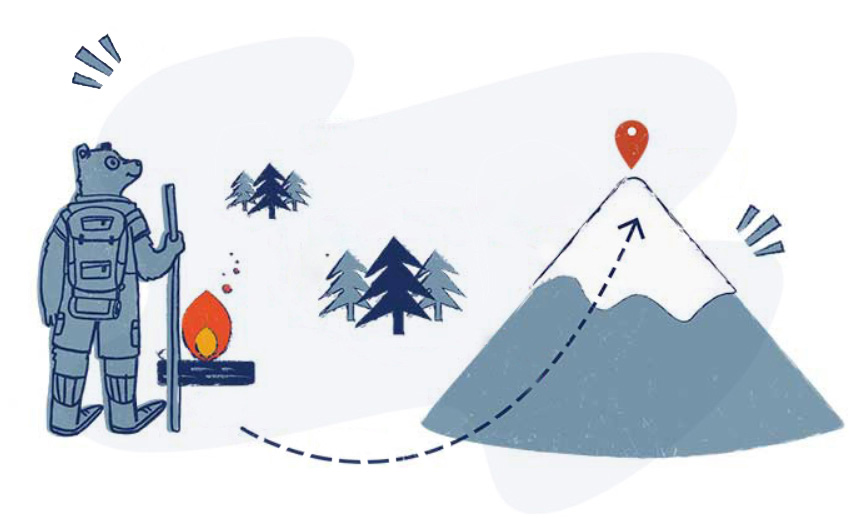 Illustration of a bear with a backpack looking at a hiking route up a mountain