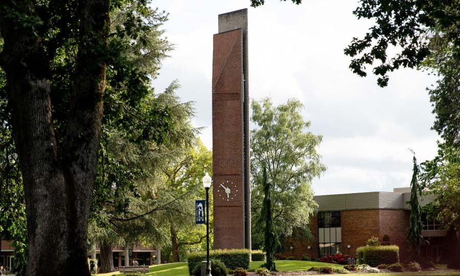 George Fox campus quad and clocktower