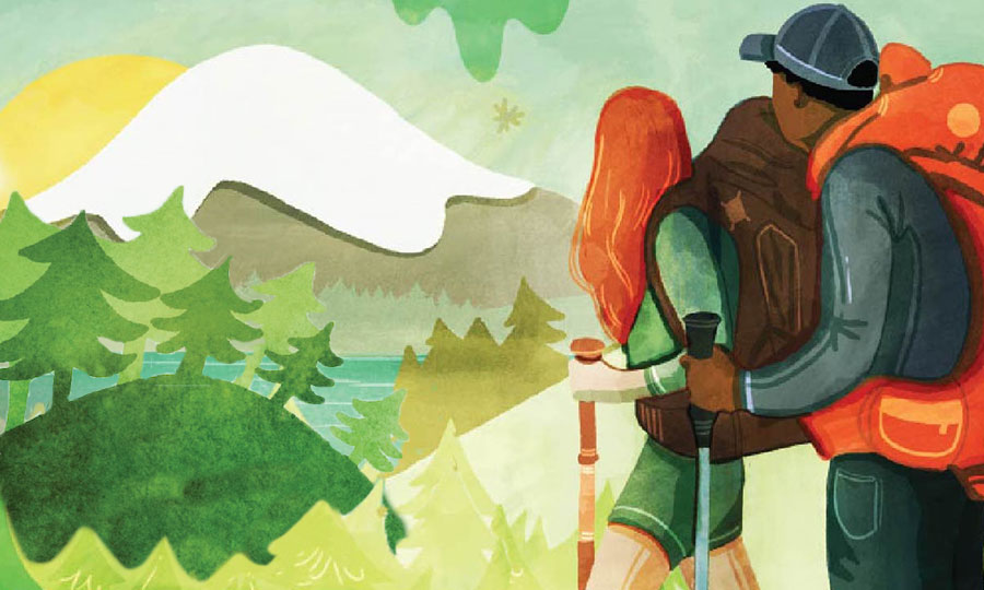 Illustration of a hiker looking ahead over a hill