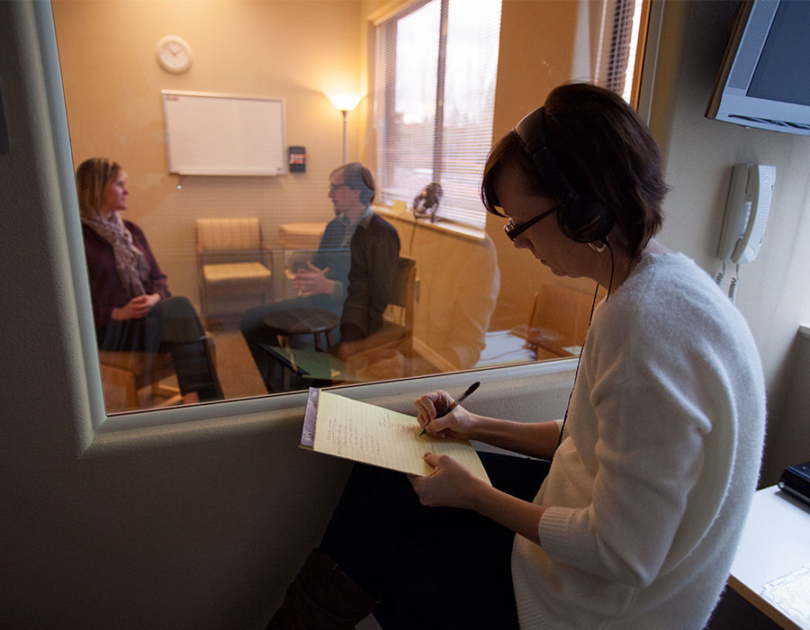 Mock counseling session in clinic simulation space