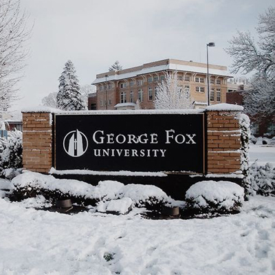 Snow on George Fox sign