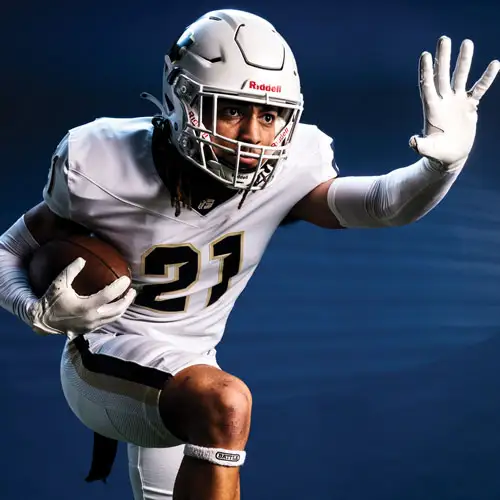 A George Fox football player posing to protect the ball which is secure in his arm