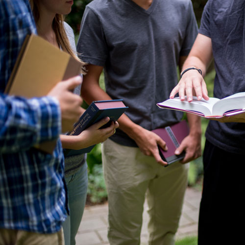 3 students gathered outside reading books