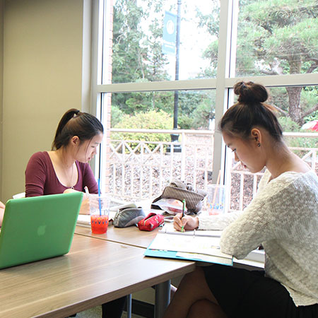 Two international students studying in the library