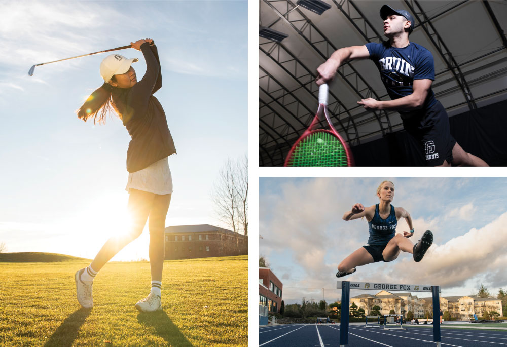 Woman playing golf, man playing tennis, woman running hurdles