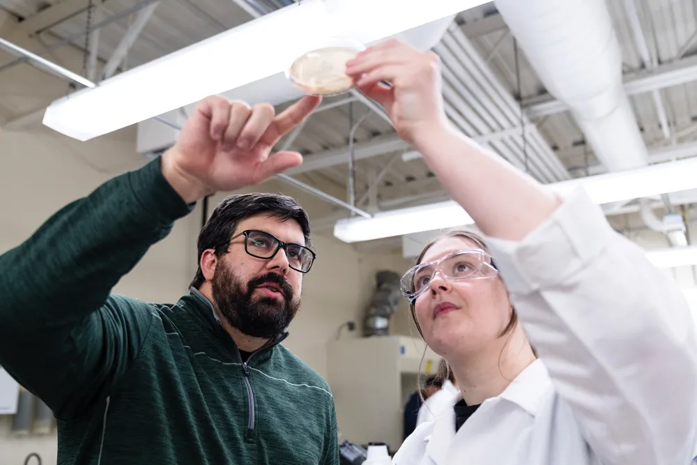 A man and a woman are working together in a lab. The man is wearing glasses and a green shirt. The woman is wearing a white lab coat and glasses. They are both looking at a microscope.