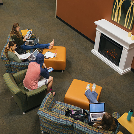 library seating by the fireplace