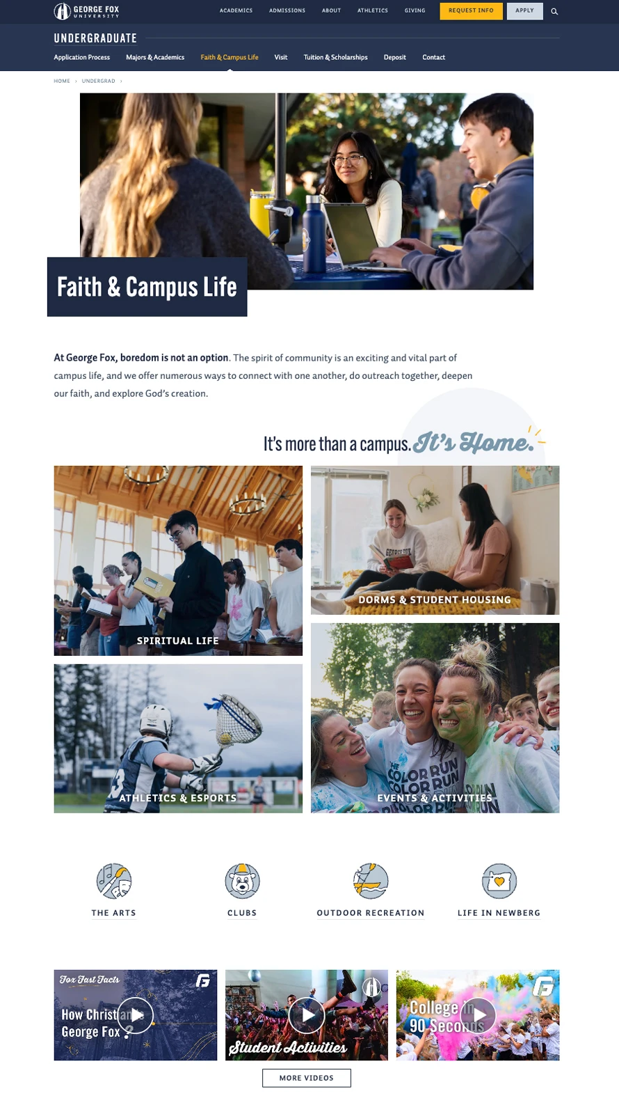 screenshot of the 'Faith and Campus Life' page on the George Fox website