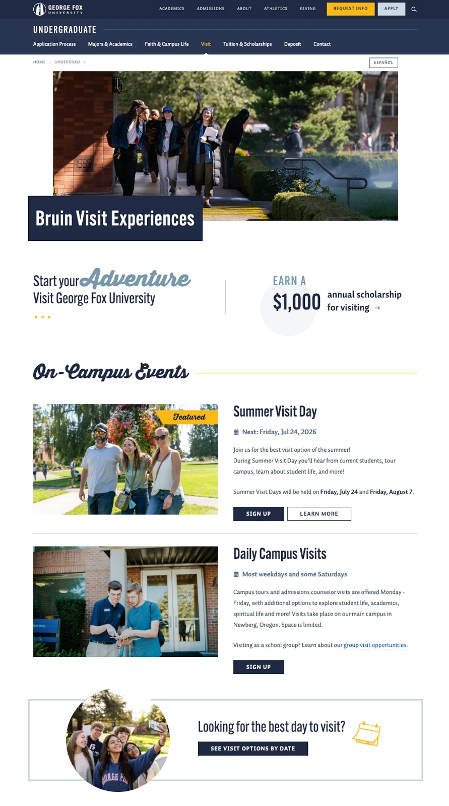 screenshot of George Fox's 'Bruin Visit Experiences' webpage