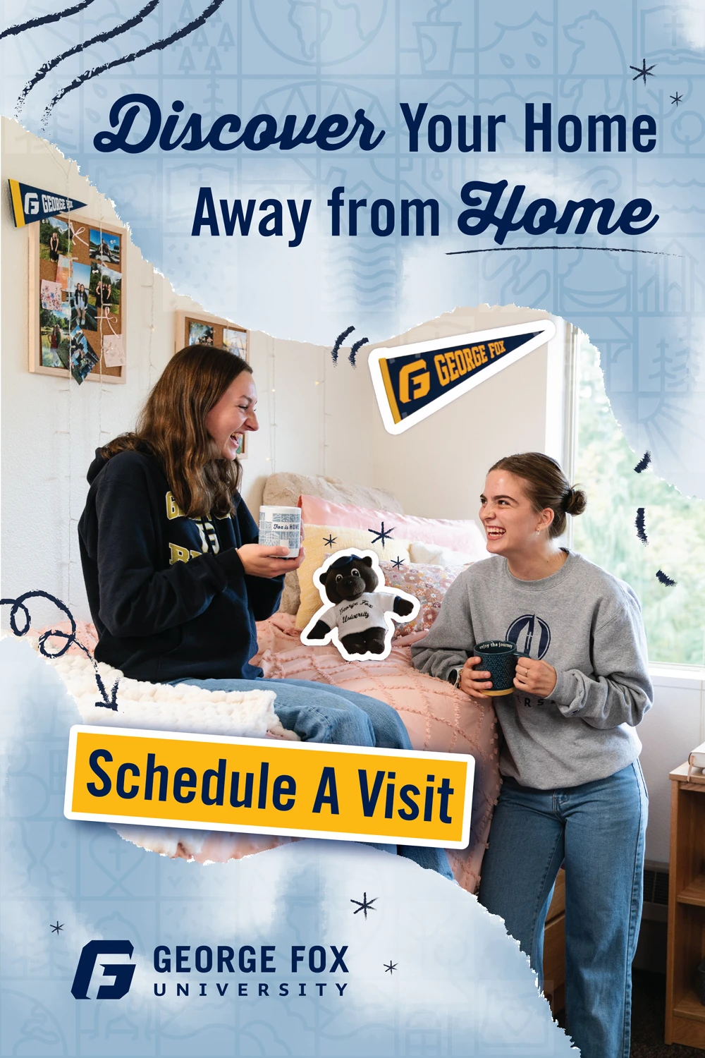 digital ad for George Fox University featuring 2 students in a dorm room