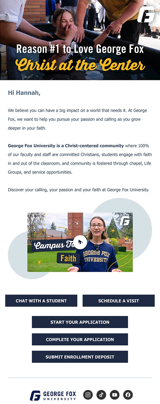 screenshot of a George Fox email about service and faith