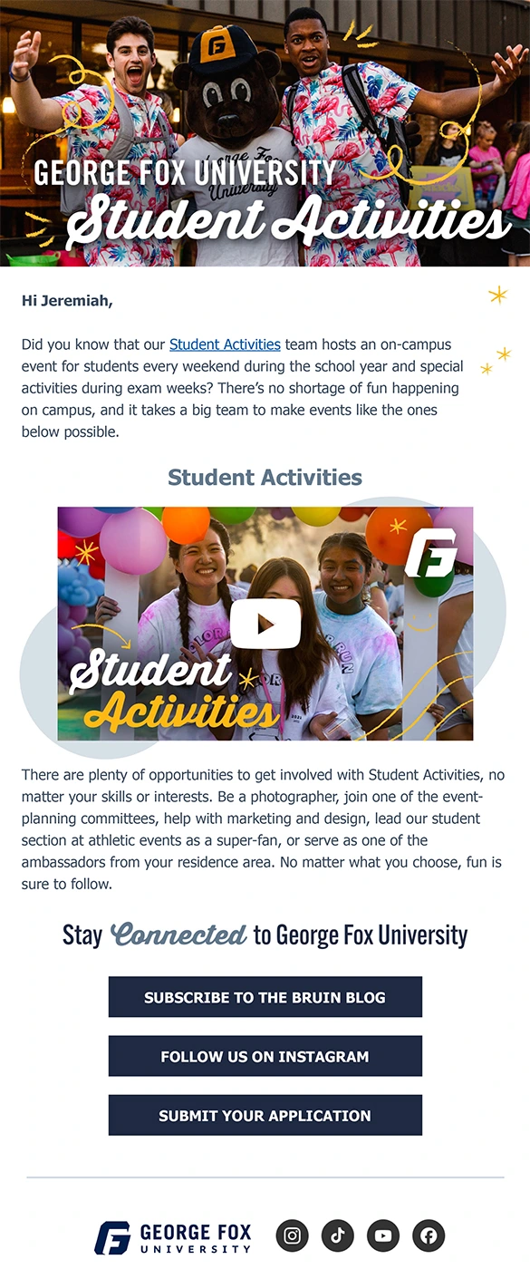 screenshot of a George Fox email about student activities