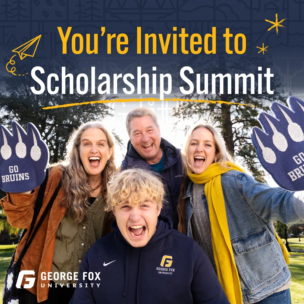 digital ad for George Fox University featuring a student with their mom and dad