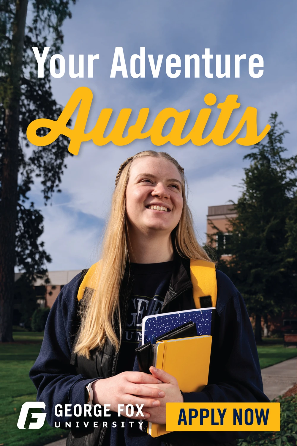 digital ad for George Fox University featuring a student holding a notebook