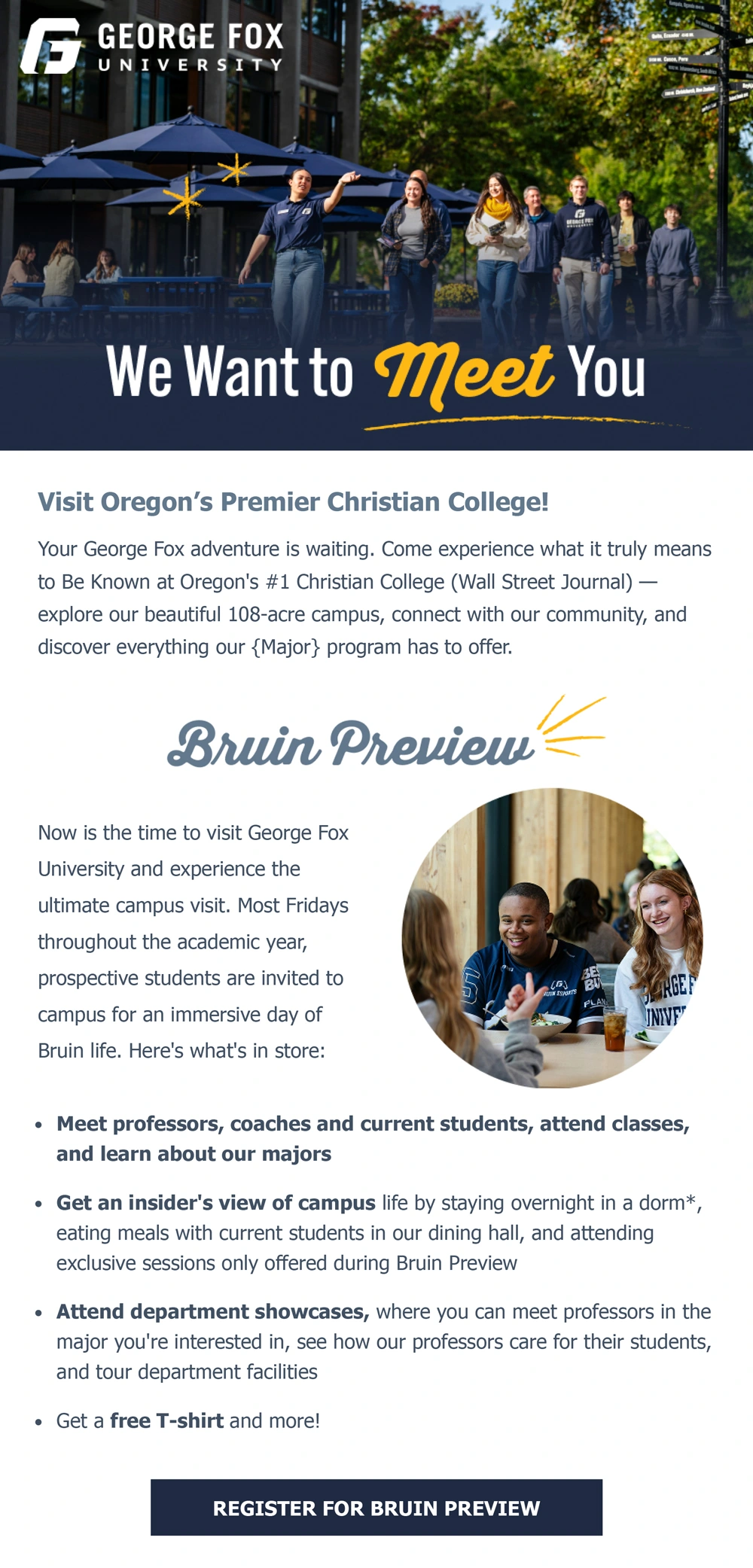 screenshot of a George Fox email about visiting campus