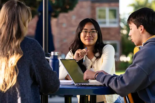 Students work on laptops outside on campus