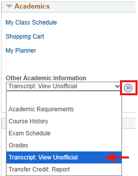 Transcript: View Unofficial highlighted in Academics header dropdown