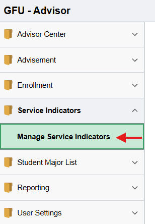 Manage Service Indicators highlighted in Service Indicators menu