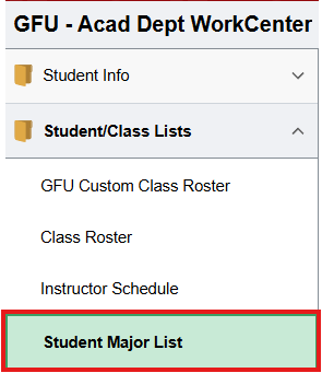 Student Major List highlighted in Student/Class Lists menu