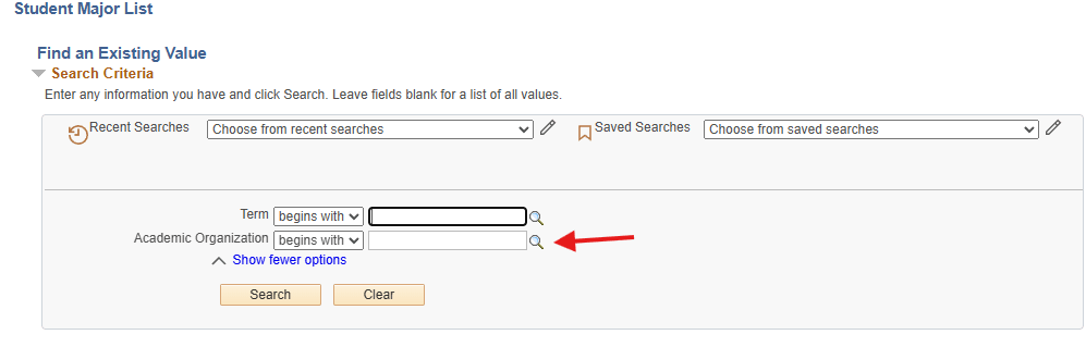 Magnifying glass search button next to Academic Organization highlighted