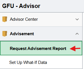 Request Advisement Report highlighted under Advisement in the left menu.
